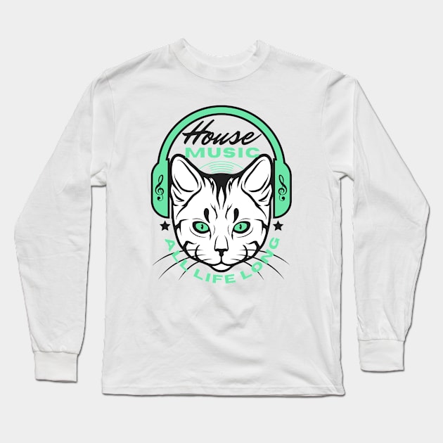 HOUSE MUSIC  - Headphone Cat (Green/Black) Long Sleeve T-Shirt by DISCOTHREADZ 